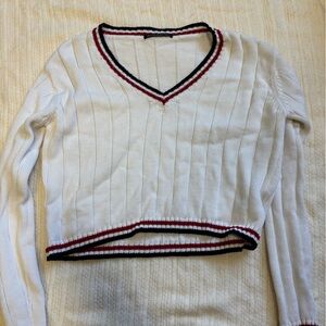 Brandy Melville White V-Neck Sweater with Red and Black Trim